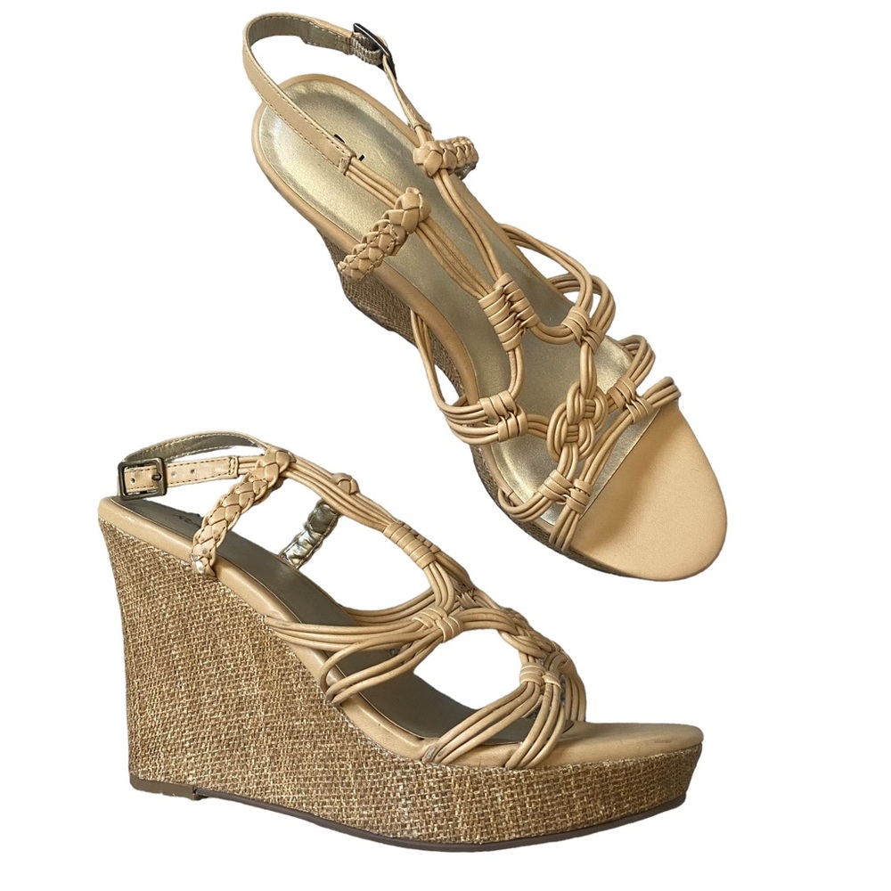 Reba Beige Strappy Wedge Sandals 8.5